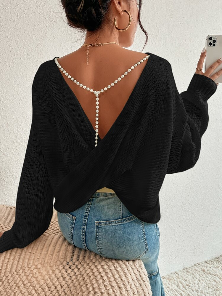 SHEIN Crossover Back Pearls Beaded Drop Shoulder Sweater | SHEIN