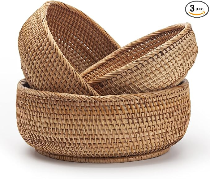 Round Rattan Fruit Baskets Woven Storage Bowls Key Holder Stackable for Shelf Kitchen Tabletop Na... | Amazon (US)