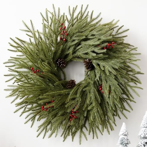 Artificial Christmas Wreaths for Front Door, 24" Large Winter Pine Wreath with Red Berries Pine C... | Amazon (US)