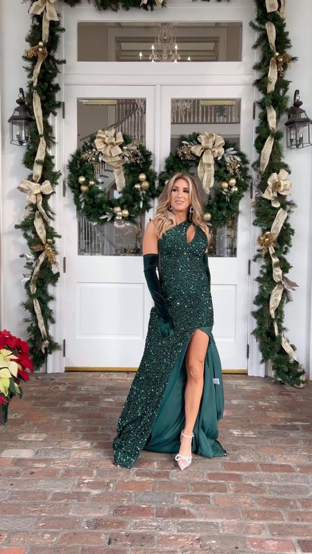 Emerald green sequin formal gown | Christmas dress | long gloves | rhinestone heels | holiday heels | Mardi Gras ball 

#LTKparties #LTKHoliday #LTKVideo