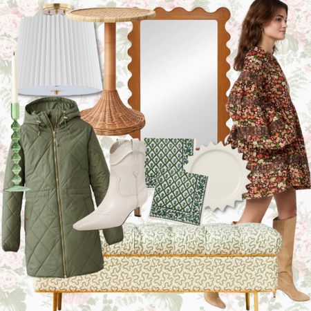 Weekly Wishlist
Fall wardrobe quilted jacket babydoll dress western boots kitten heel scalloped mirror Target finds rattan table fluted flush mount block print napkins end of bed bench glass candle holder winter coat tabletop accessories tablescape decor target style looks for less budget friendly furniture 