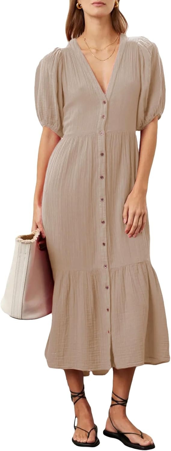 SCOFEEL Women's Button Down Short Puff Sleeve Maxi Dress Casual Loose V Neck High Waist Flowy Bea... | Amazon (US)