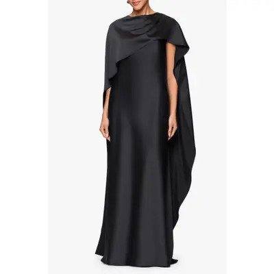 Xscape Evenings Cape Overlay Satin Gown in Black at Nordstrom, Size 8 | Nordstrom