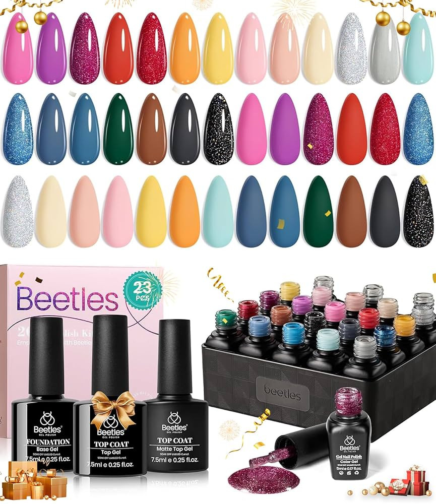 Beetles Gel Nail Polish Set 20 Colors Pink Red Sparkle Glitter Black Gel Polish with 3Pcs Base To... | Amazon (US)