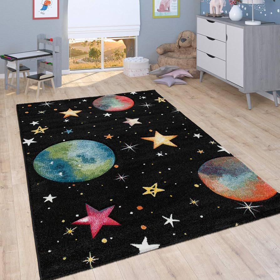 Paco Home Kid's Rug Play Rug for Child's Room with Planets and Stars in Black, Size: 4'7" x 6'7" | Amazon (US)