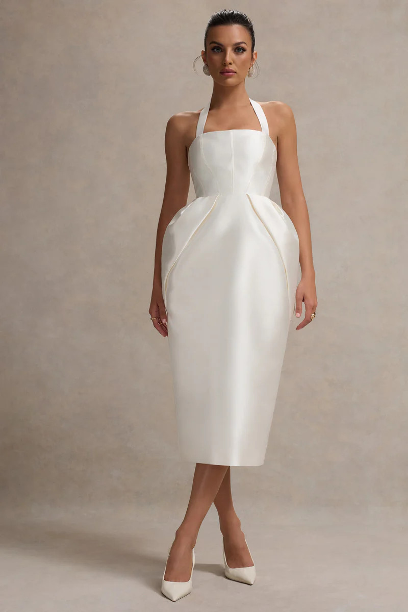 Cosetta  White Halter-Neck Midi Dress With Tulip Skirt | Club L London