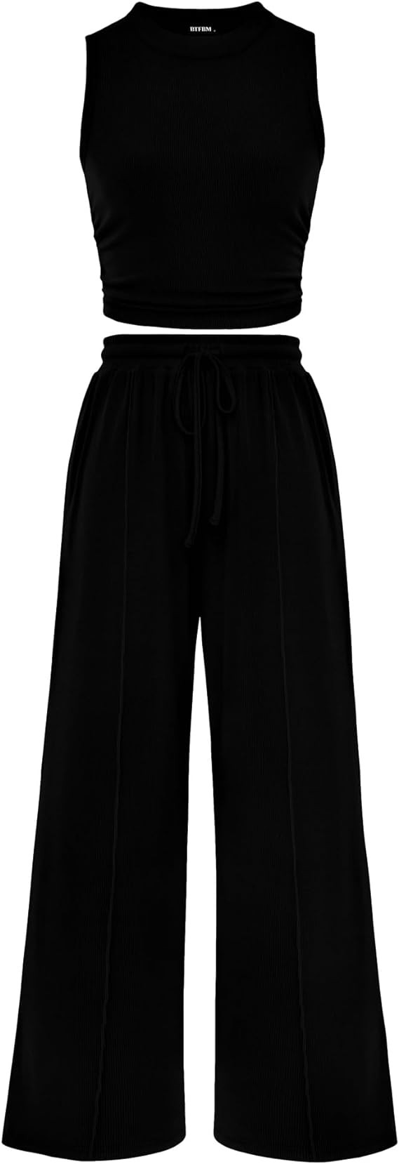 BTFBM Women Summer 2 Piece Outfits 2025 Beach Crew Neck Sleeveless Cropped Top Elastic Waist Wide... | Amazon (US)