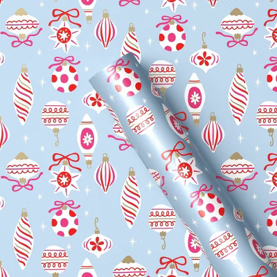 25 sq ft Metallic Ornaments Christmas Gift Wrap Blue - Wondershop™: FSC Certified, Printed Shap... | Target