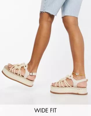 ASOS DESIGN Wide Fit Tape rope detail flatform sandals in natural | ASOS (Global)