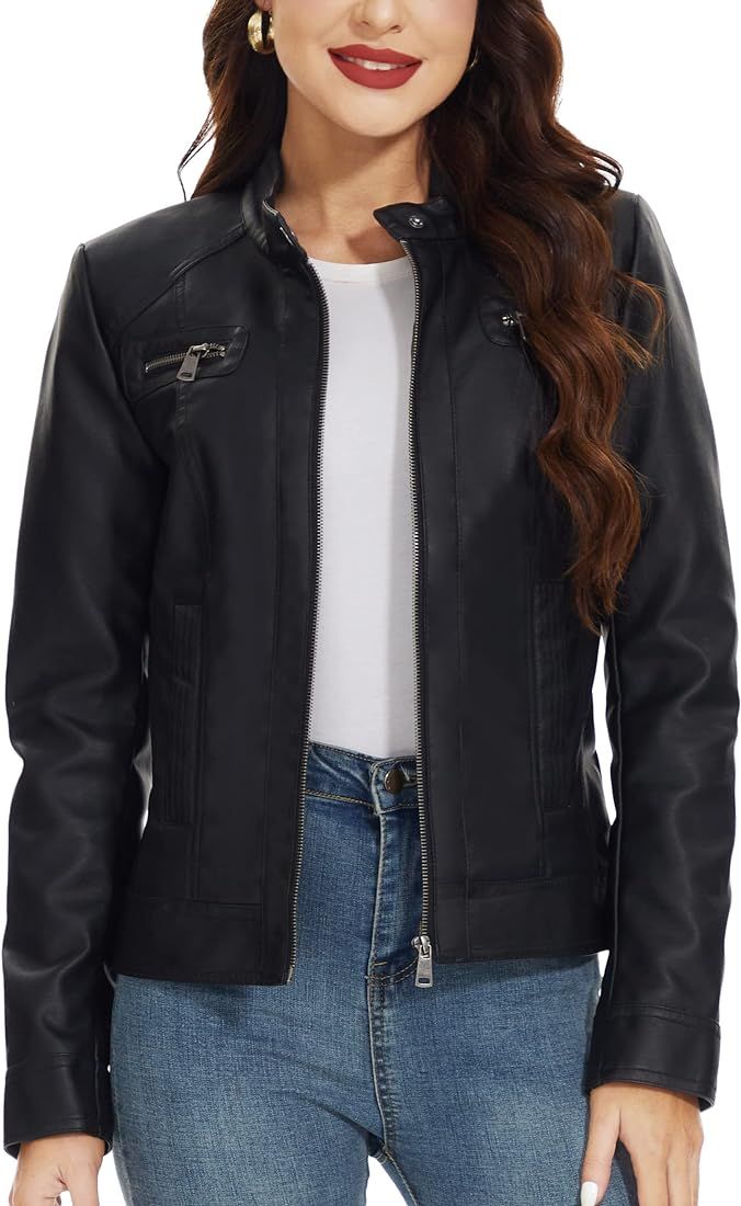 Fahsyee Women's Faux Leather Jackets, Zip Up Motorcycle Short PU Moto Biker Outwear Fitted Slim C... | Amazon (US)