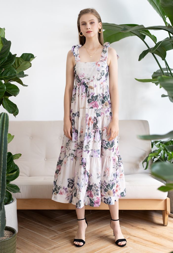 Watercolor Flowers Printed Tie-Strap Maxi Dress | Chicwish