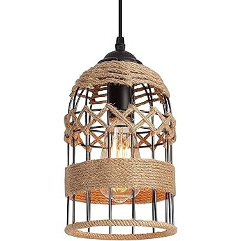 Rustic Woven Cage Pendant Light, One-Light Industrial Metal Hemp Rope Mini Pendant Lighting Fixtu... | Amazon (US)