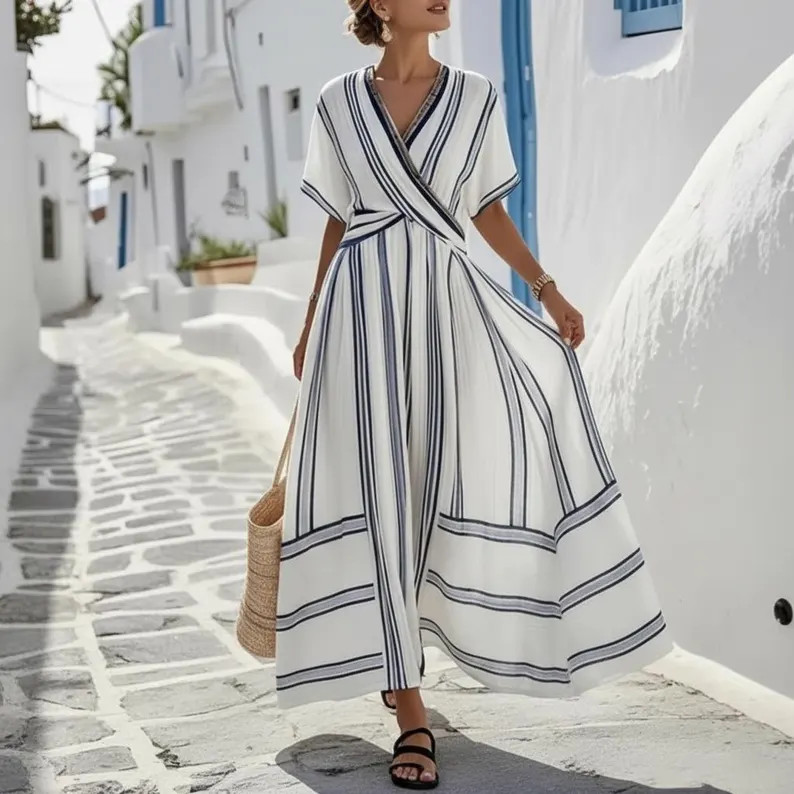 Striped A-Line Midi Dress • Flowy Resort Wear Vacation Outfit | Etsy (US)