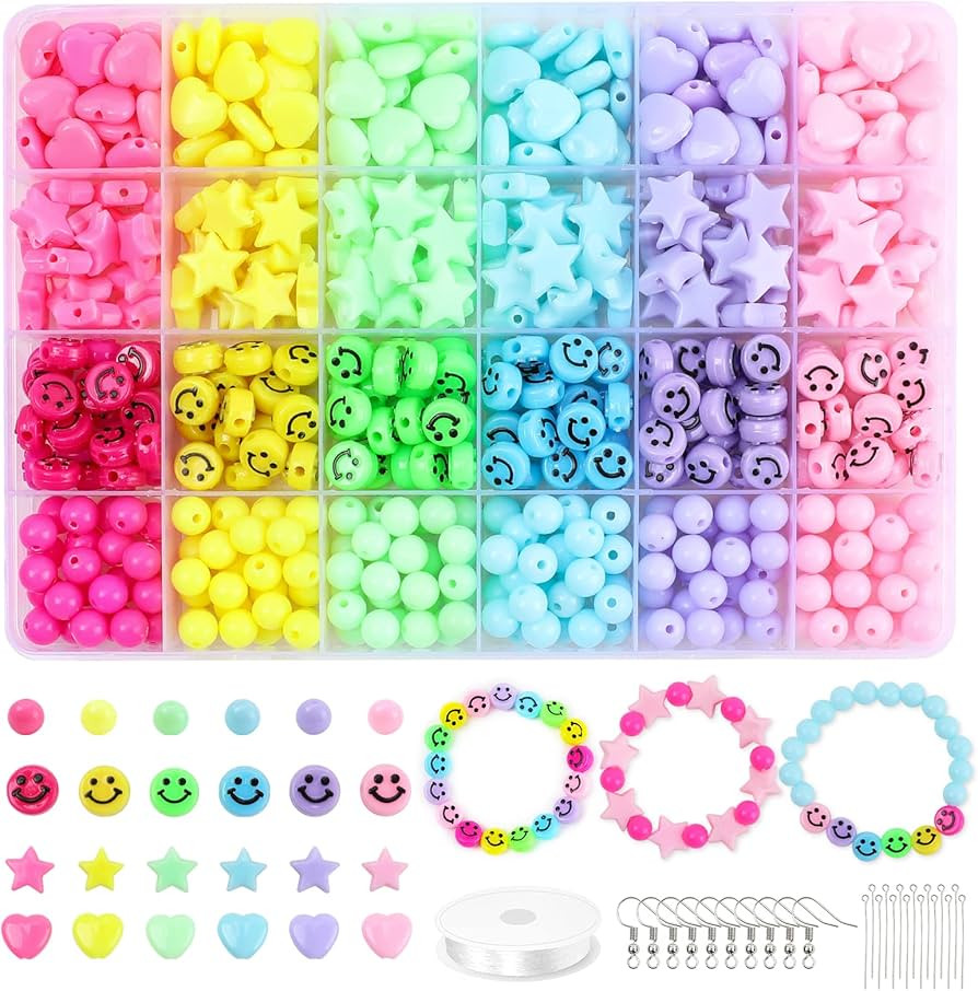 Miss Rabbit Candy Color Acrylic Heart Beads Star Beads Plastic Bead Kit Cute Pastel Bead for Brac... | Amazon (US)