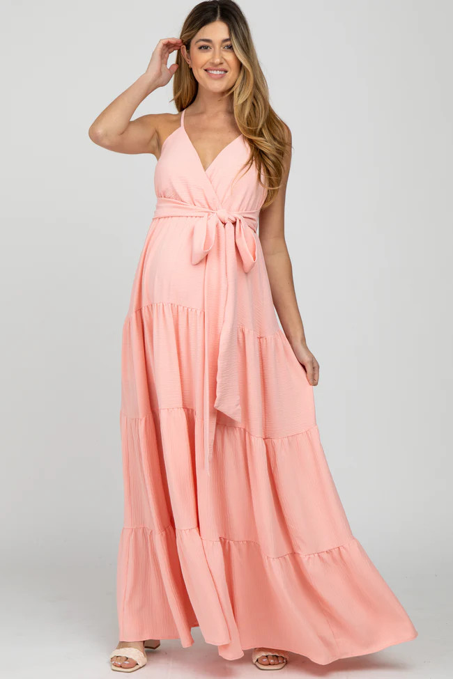Peach Racerback Tiered Maternity Maxi Dress | PinkBlush Maternity
