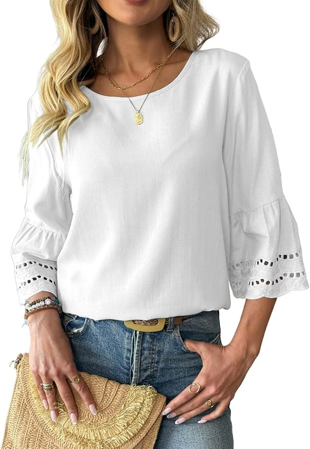 Dokotoo Womens 3/4 Bell Sleeve Hollow Out Ruffle Shirts Crewneck Trendy Casual Loose Fit Blouse T... | Amazon (US)