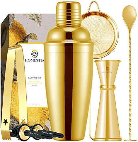 Homestia Gold Cocktail Shaker Set Bartender Kit Stainless Steel 24oz Martini Shaker, Muddle Spoon, D | Amazon (US)