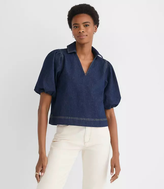 Petite Denim Puff Sleeve Top | LOFT