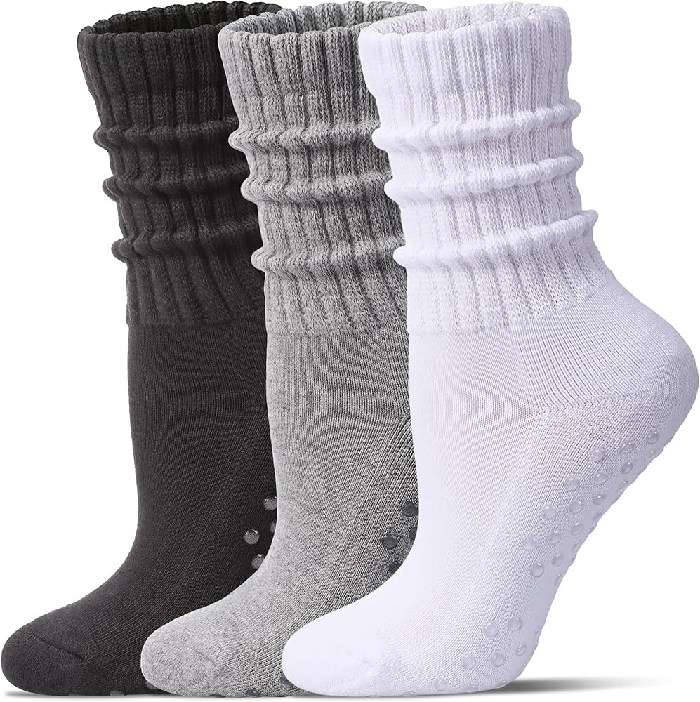 Pilates Socks for Women Mid Calf Slouch Yoga Socks with Non Slip Grippers for Barre Boot Sock 3 P... | Amazon (US)