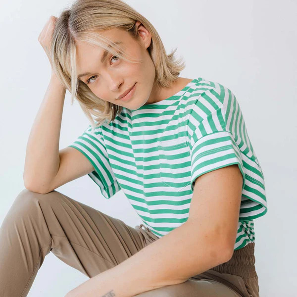 Boxy Tee, Green Stripe | Albion Fit