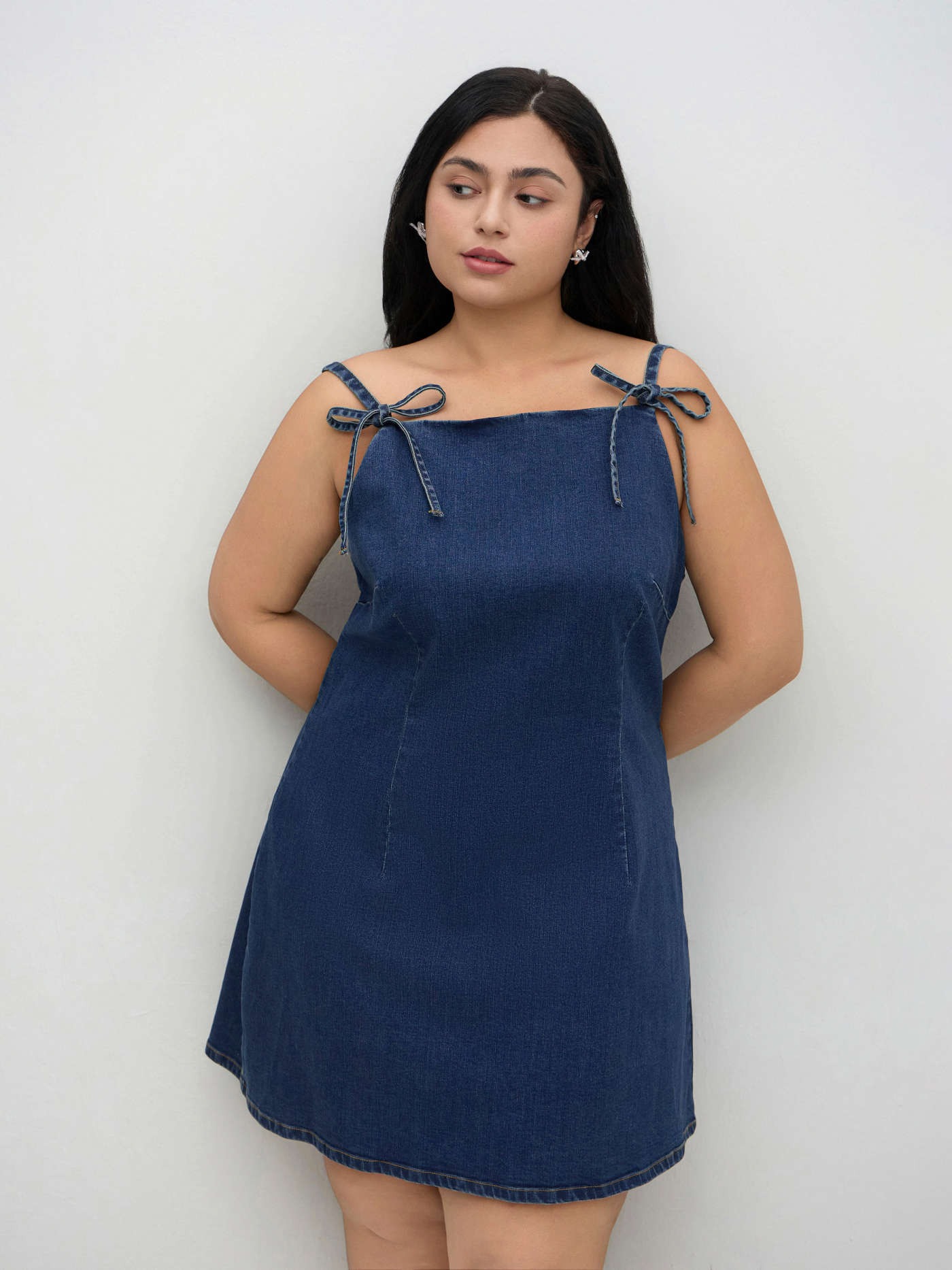 Denim Stretch Denim Boat Neck Bowknot Mini Dress Curve & Plus For School Daily Casual | Cider