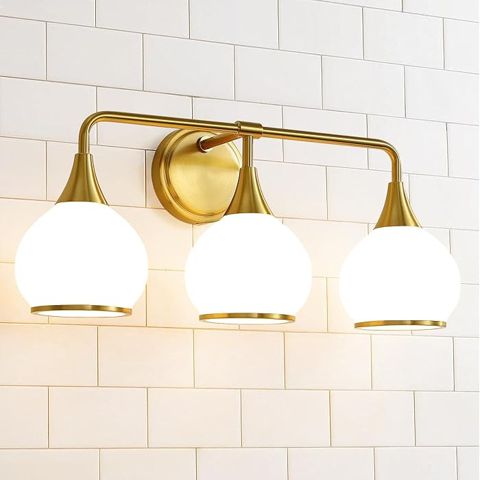HAHZT Brushed Gold Bathroom Light Fixtures 3-Lights Vanity Lights with Milky White Frosted Glass ... | Amazon (US)