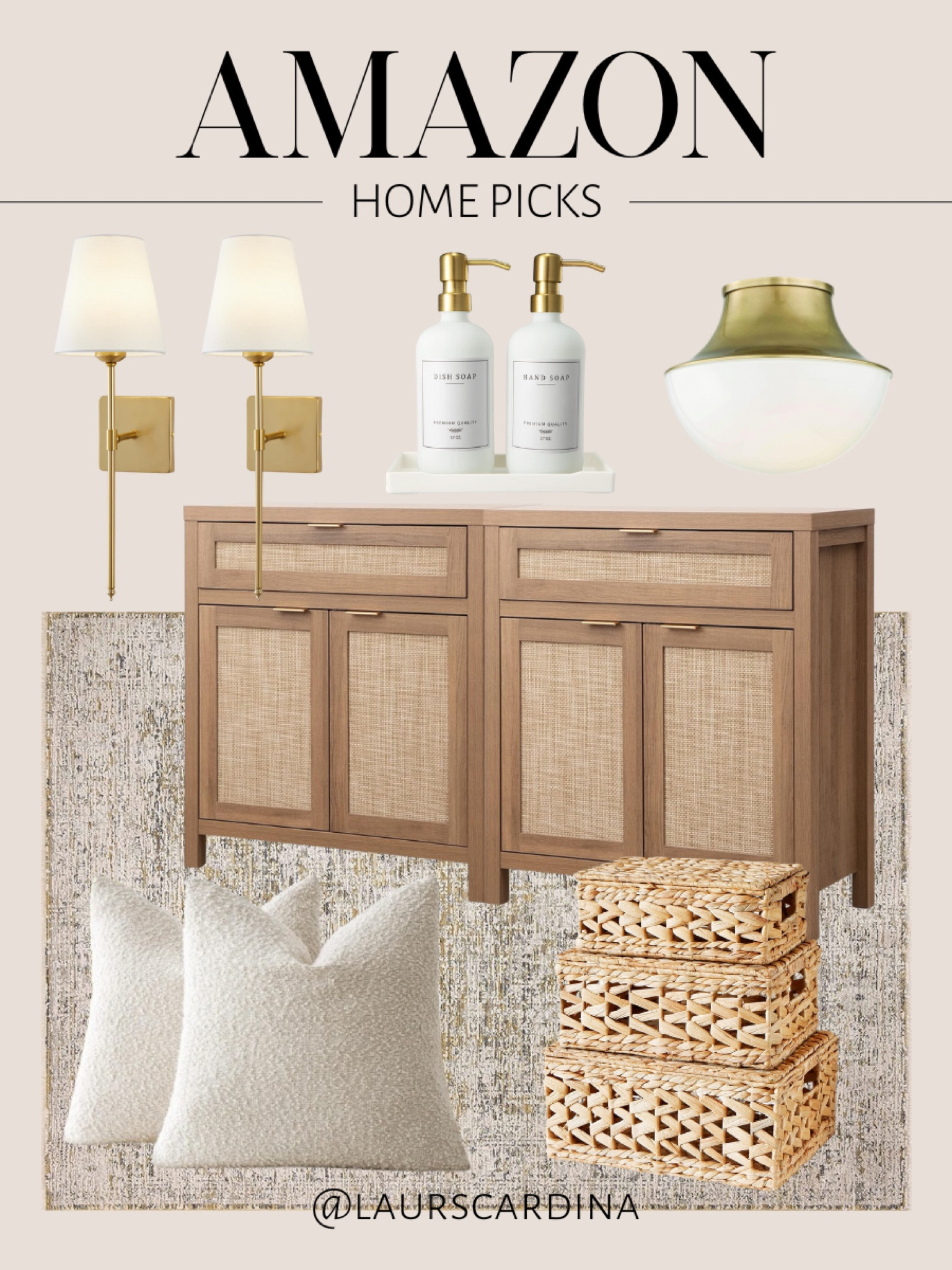 Amazon home picks include lighted wall sconces, glass soap dispensers, a flush mount light, sideboard cabinet, set of two throw boucle throw pillows, and a set of three lidded wicker baskets.

Amazon home, home decor, living room, lighting, kitchen decor

#LTKStyleTip #LTKFindsUnder50 #LTKHome
