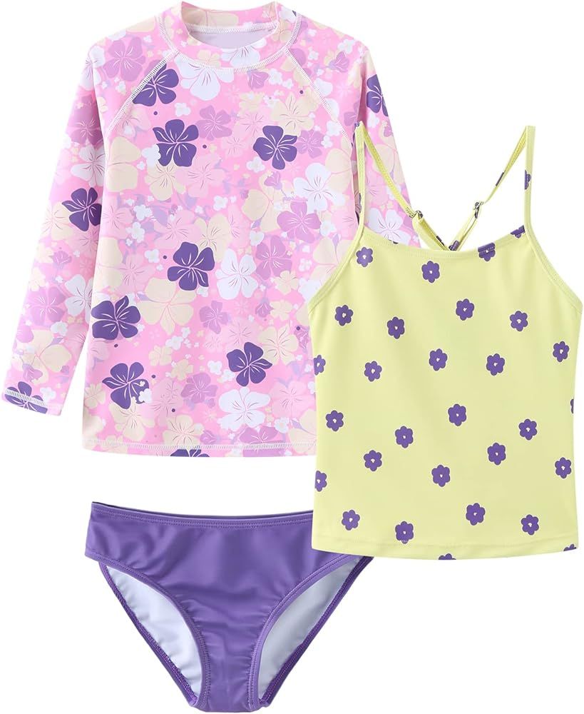 Girls 3 Piece Rash Guard Swimsuits Set Tankini Bathing Suits for Girls Long Sleeve Beach Swimwear... | Amazon (US)