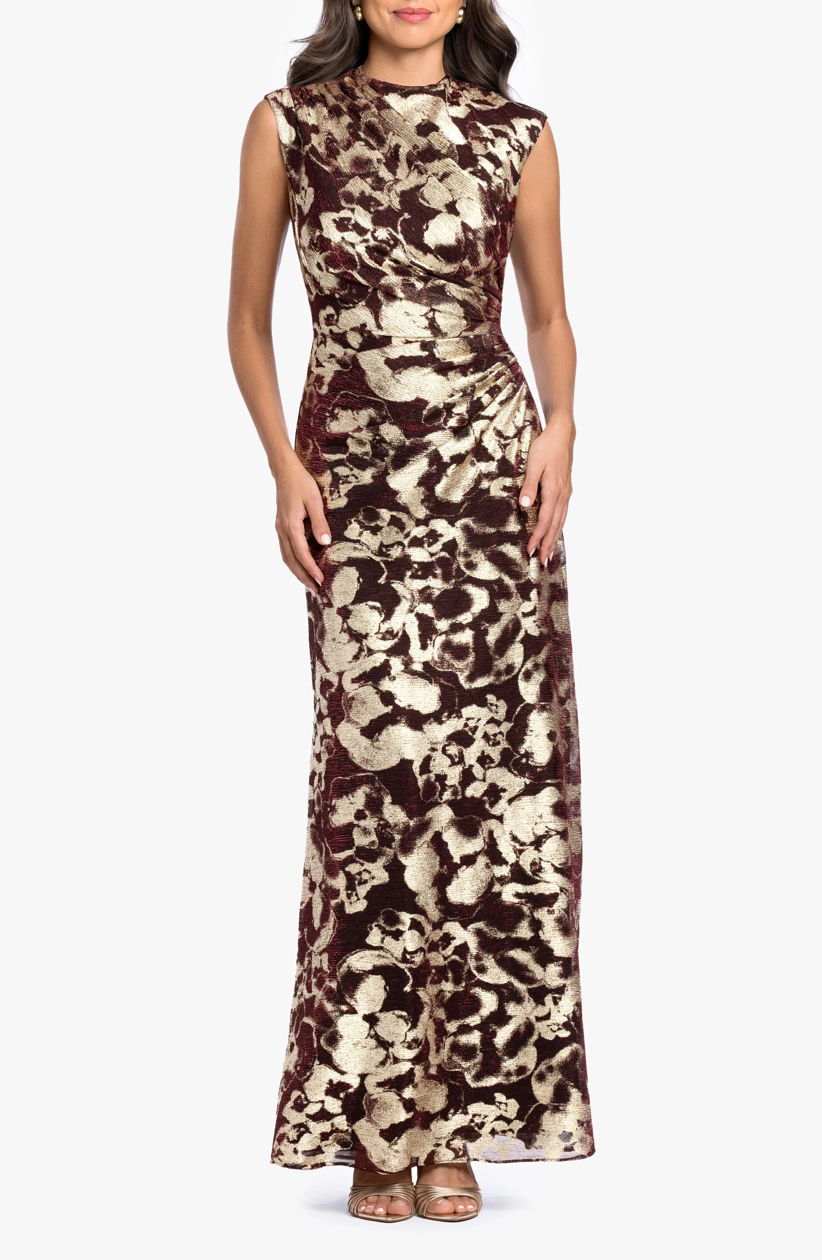 Betsy & Adam Crinkled Ruched Gown in Wine/Gold at Nordstrom, Size 12 | Nordstrom