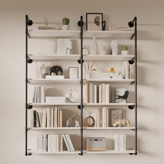 6 Tier Industrial Pipe Shelves with Wood Planks, 60 inch Iron Pipe Shelving, Retro Wall Mounted B... | Amazon (US)