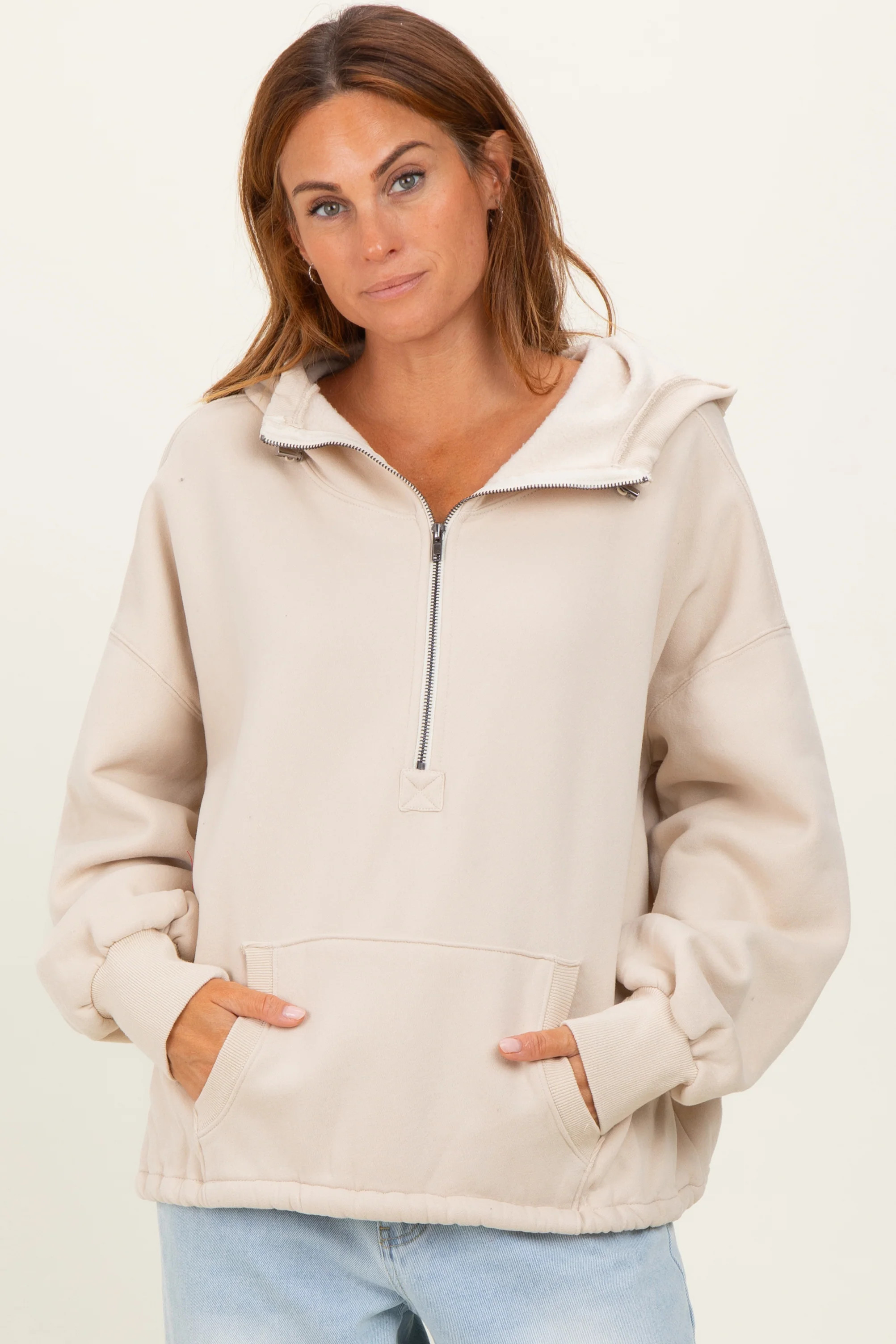 Cream Fleece Half Zip Drop Shoulder Hoodie | PinkBlush Maternity