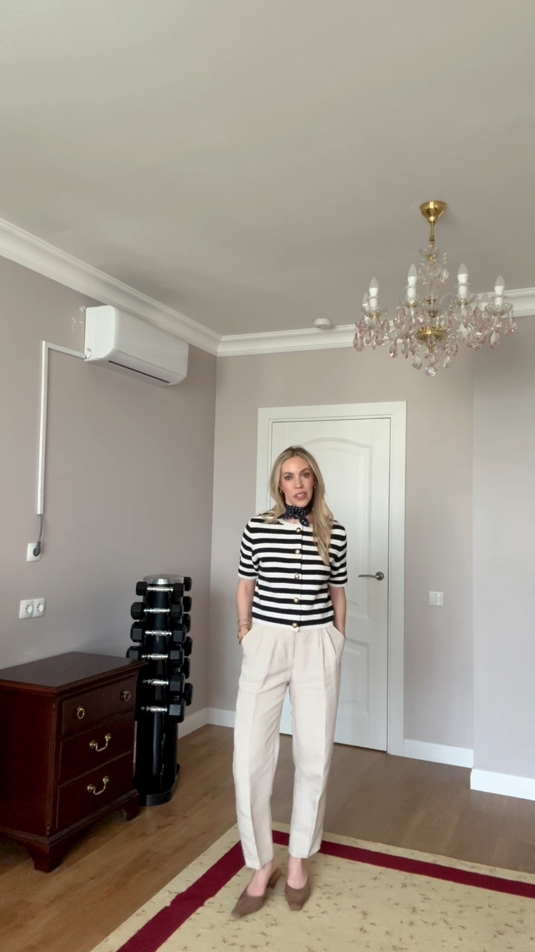 Work outfit, spring workwear, silk scarf, striped sweater, linen cropped pants, suede mules