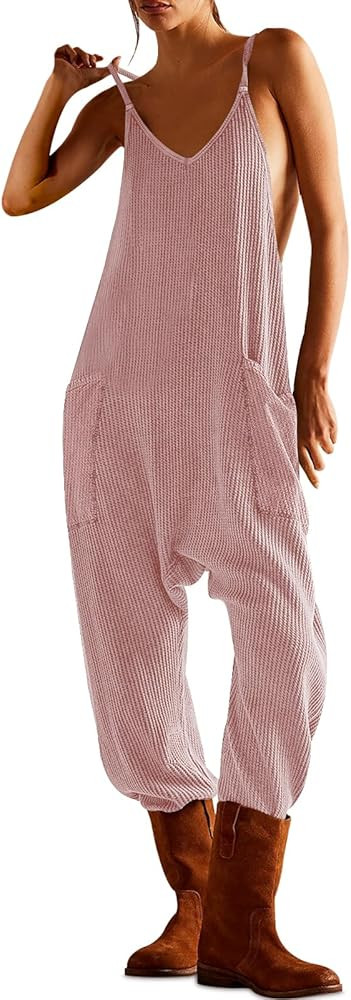 Women's Sleeveless Jumpsuits Casual Waffle Knit Rompers V Neck Loose Overalls Spaghetti Strap One... | Amazon (US)