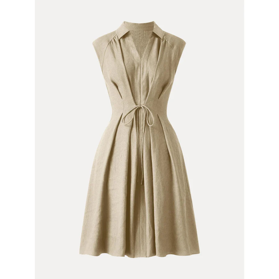 Viscose-Linen Collared V-neck Midi Dress with Drawstring | OGLmove