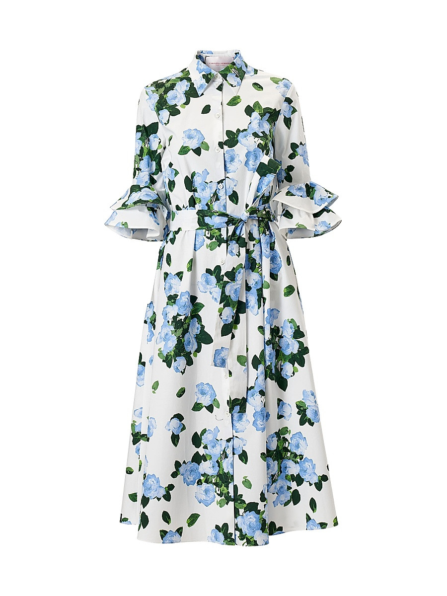 Women's Cabana Floral Belted Ruffle-Sleeve Shirtdress - White Multi - Size 14 | Saks Fifth Avenue