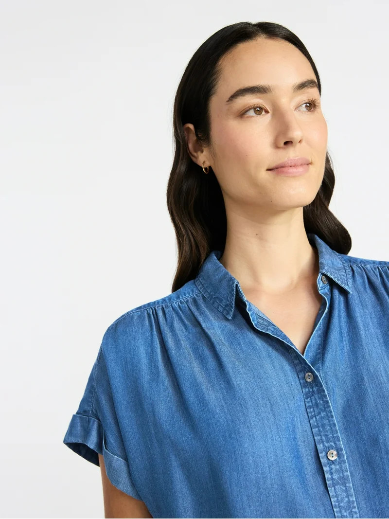 Time and Tru Women's Chambray Camp Shirt with Short Sleeves, Sizes XS-XXXL | Walmart (US)