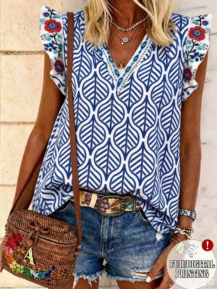 EMERY ROSE Women's Vacation Floral Print V-Neck Short Flutter Sleeve Casual Blouse | SHEIN