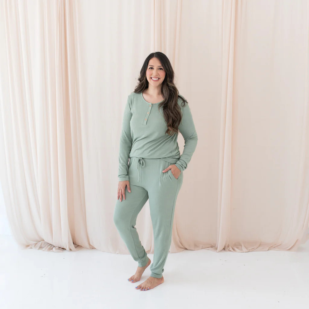 Women's Ribbed Henley Top in Thyme | Kyte BABY