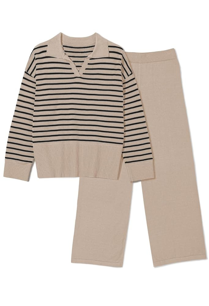 Pink Queen Sweater Sets for Women 2 Piece Long Sleeve Collar V Neck Sweatsuit Knitted Stripe Paja... | Amazon (US)