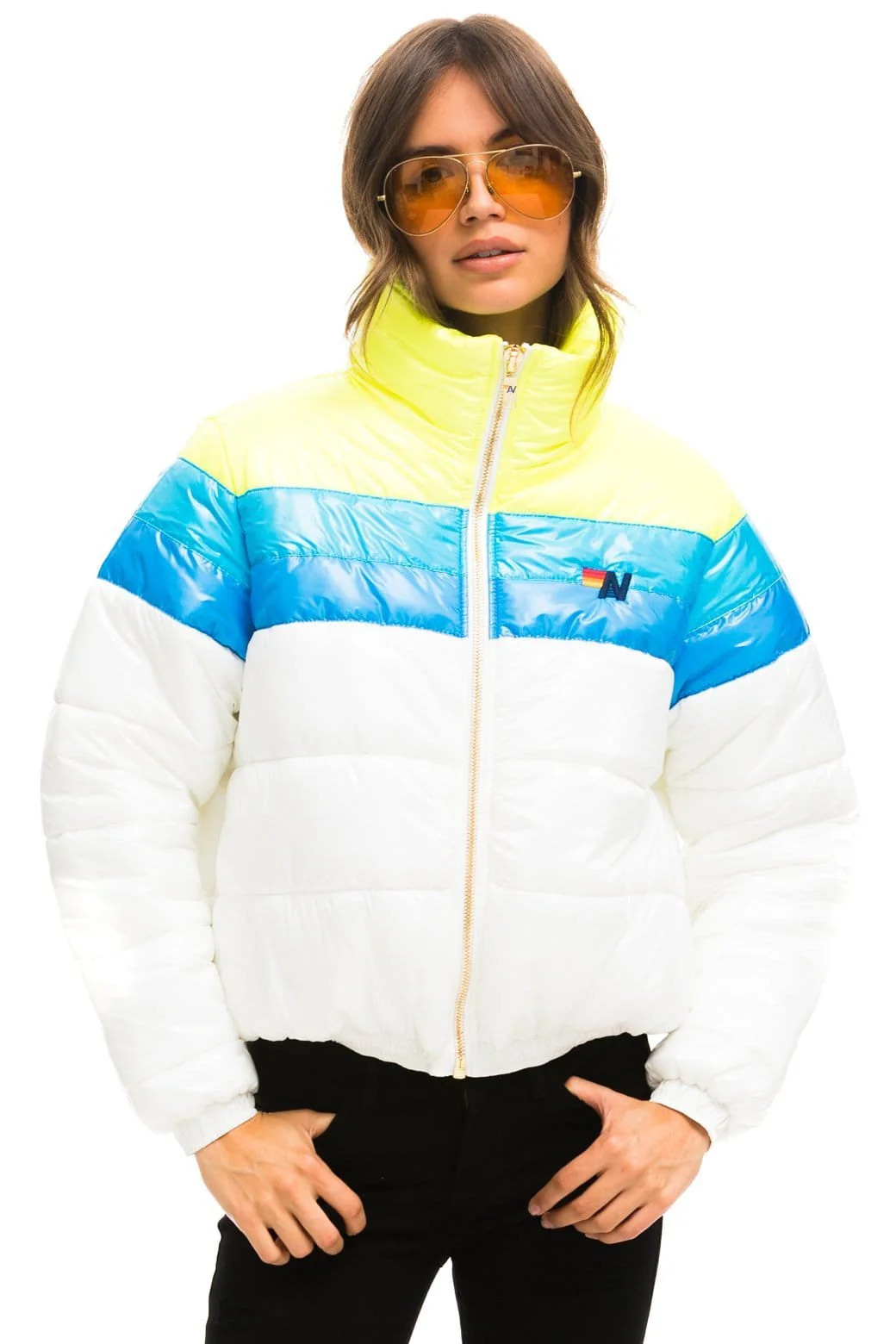 COLOR BLOCK LUXE APRES PUFFER JACKET - GLOSSY WHITE | Aviator Nation