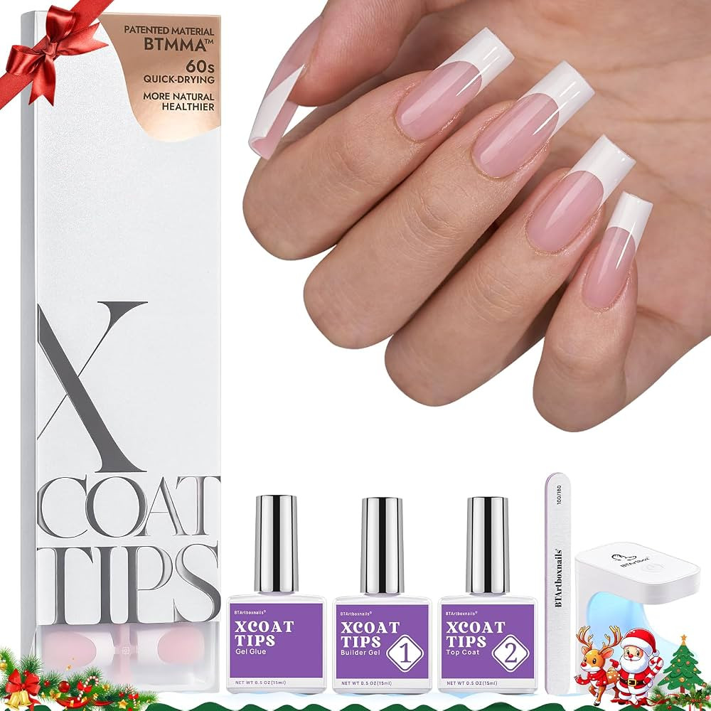 BTArtboxnails XCOATTIPS French Tip Nails - Long Square Nail Tips with Nail Gel, French Protecing ... | Amazon (US)