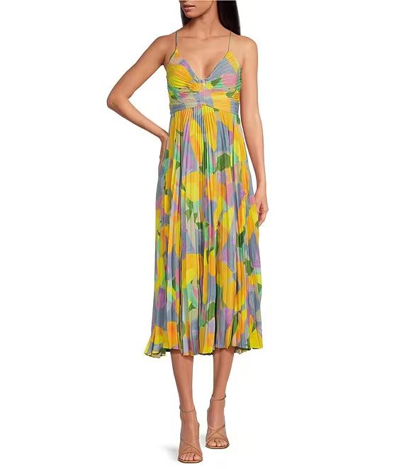 Blythe Abstract Print V-Neck Sleeveless Pleated Midi Dress | Dillard's