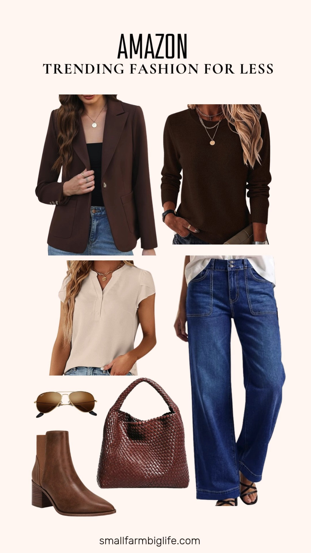 This edit rounds up the trending fall pieces worth adding to your closet, all easy to shop and budget friendly.

Starting with denim and layers: a medium blue wash high waisted straight leg jean with front pockets and tummy control, a coffee brown wool blend crewneck sweater with a soft knit pullover fit, and a brown open front blazer perfect for the office.

For tops: a beige cap sleeve V neck blouse with a dressy button down fit, great for work or an interview.

For shoes and accessories: caramel brown pointed toe Chelsea booties with a chunky block heel, a coffee brown woven tote bag with a hobo silhouette, and gold frame aviator sunglasses with brown glass lenses.

#trendingfashion #falldenim #woolsweater #officeblazer #amazonfashionfinds 

 #LTKootd #LTKOver40 #LTKWorkwear