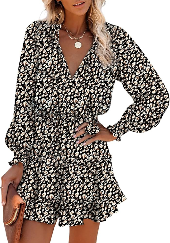 Dokotoo Spring Dresses for 2025 Boho Floral Drawstring V Neck Smocked Long Sleeve Ruffle Tiered C... | Amazon (US)