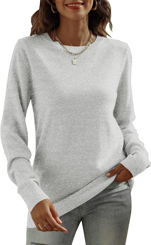 DUTUT Women's Long Sleeve Glitter Tops Crewneck Pullover Sweater Basic Casual Solid Color Tunic Tops | Amazon (US)