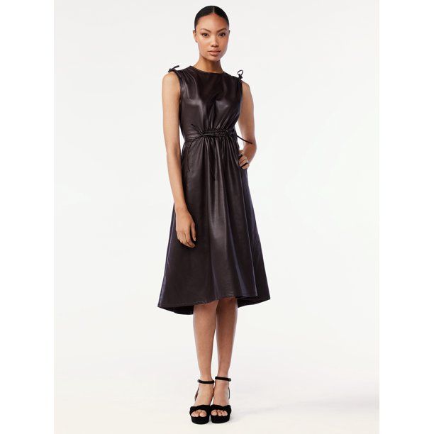 Scoop Women's Faux Leather Midi Dress with Cinched Waist - Walmart.com | Walmart (US)