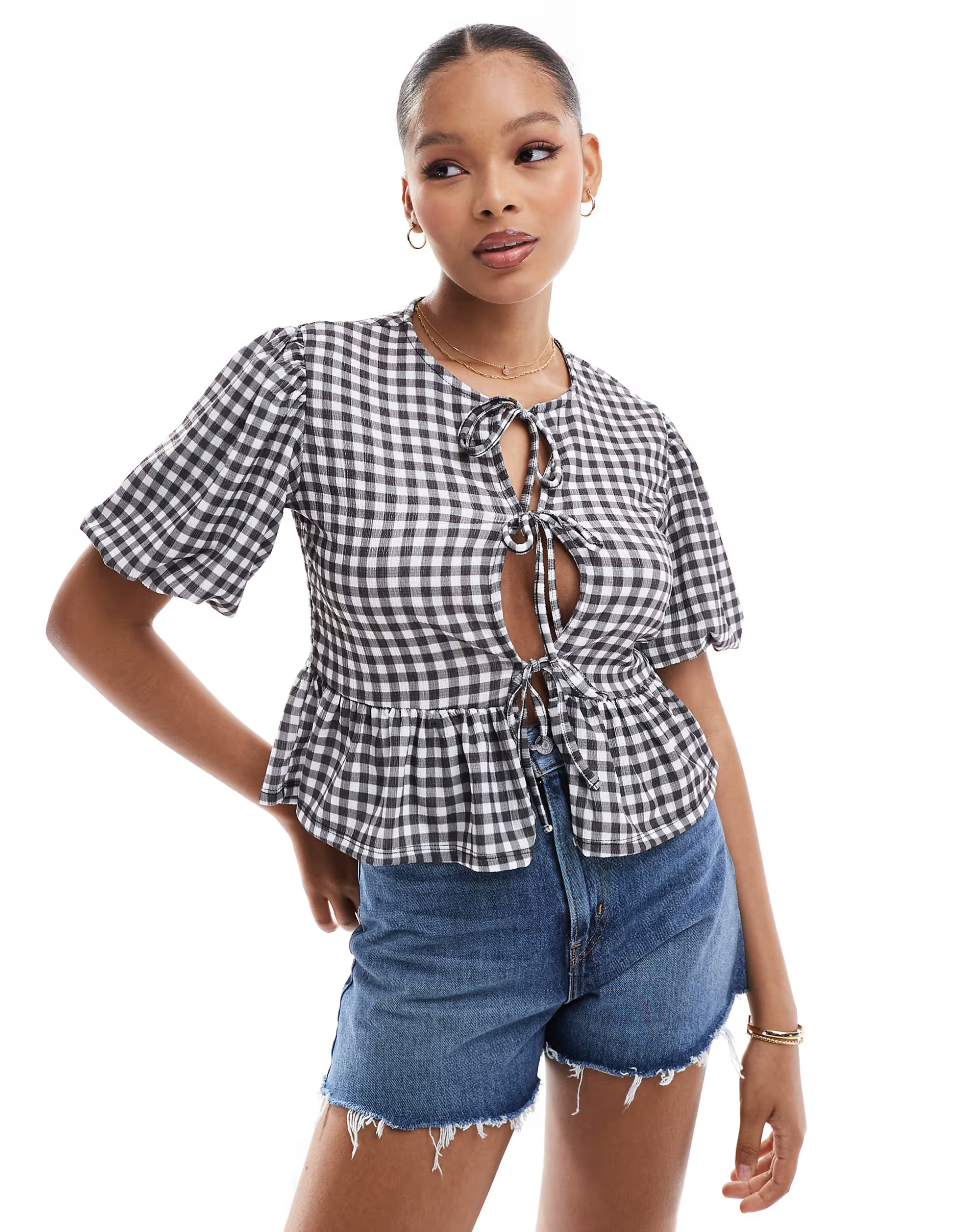 ASOS DESIGN textured volume sleeve tie front top in black gingham | ASOS (Global)