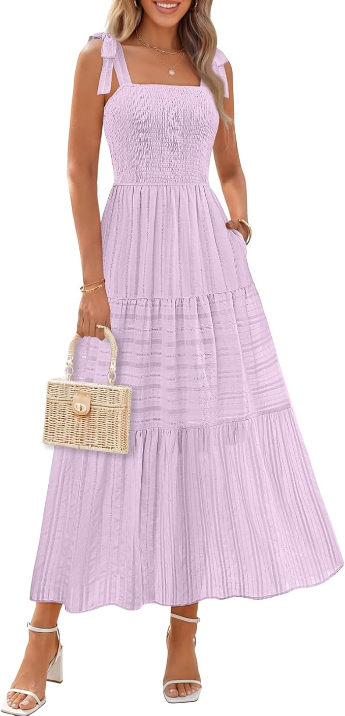 MEROKEETY Women's 2026 Summer Boho Midi Maxi Dress Beach Vacation Casual Sleeveless Smocked A Lin... | Amazon (US)