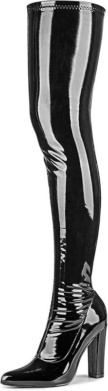 Women's Thigh High Boots Patent Leather PU Heeled Over The Knee High Boots Sexy Pointed Toe Chunk... | Amazon (US)