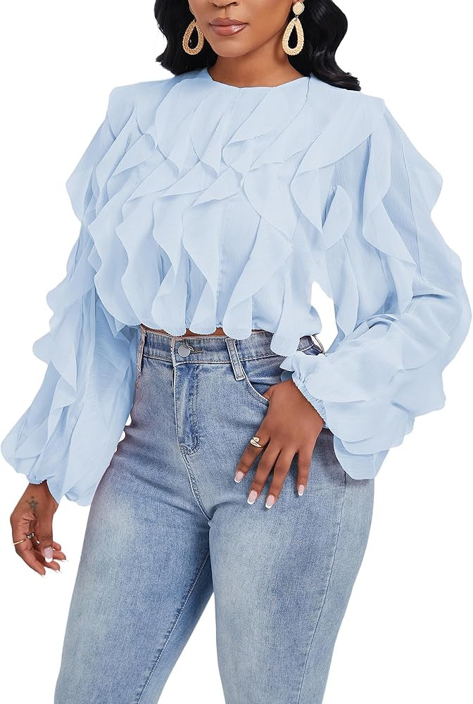 Women's Casual Long Sleeve Ruffles Party Tops Elegant Clubwear Blouse | Amazon (US)